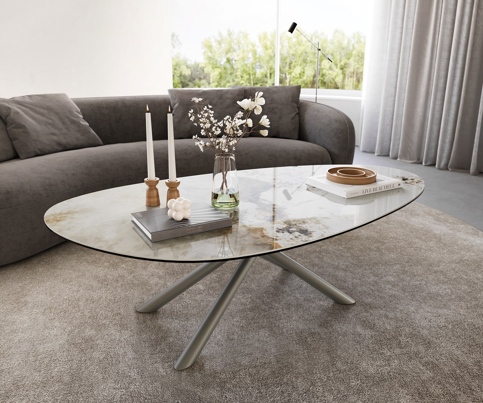 Couchtisch Edge Oval 140x75 cm Keramik Minas Melange Sarity Metall Effektfinish Titan