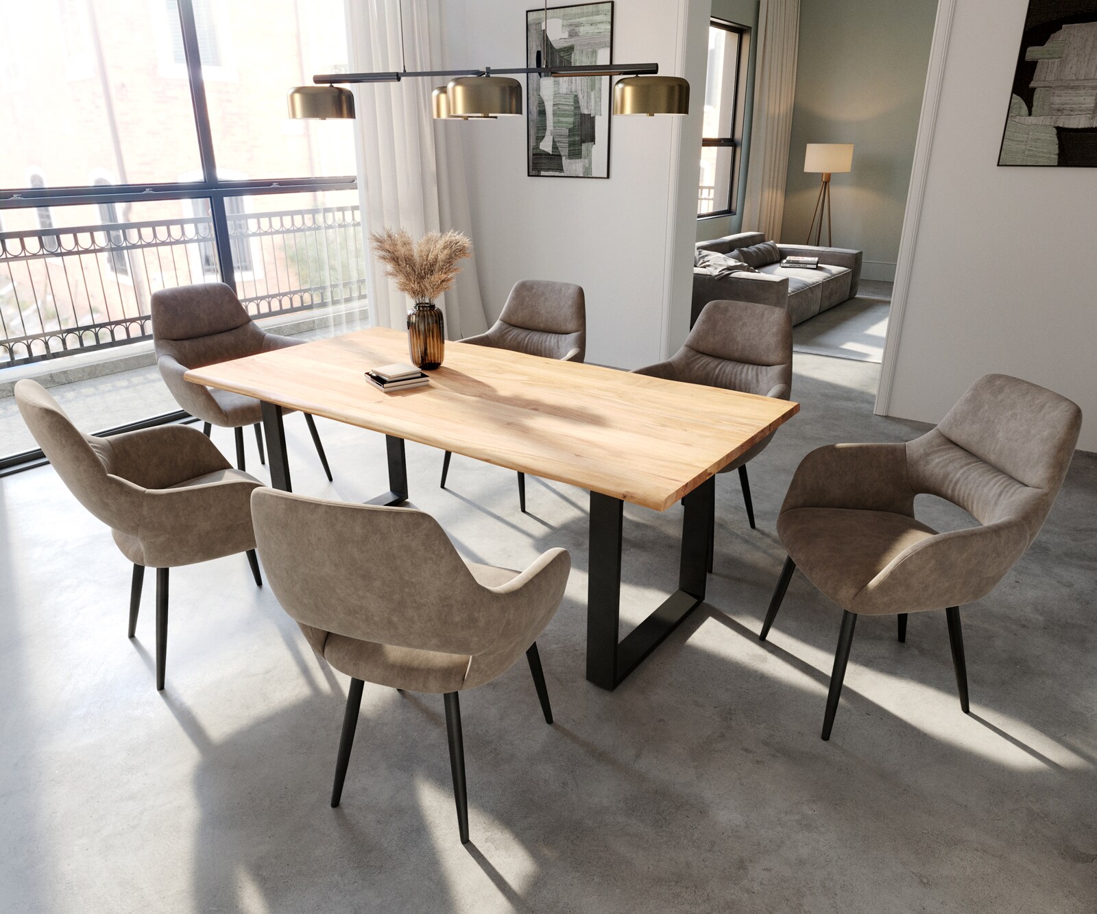 Esszimmerstuhl Yago-Flex mit Armlehnen Mikrofaser Taupe Vintage 4-Fuß konisch Schwarz Taschenfederkern 4