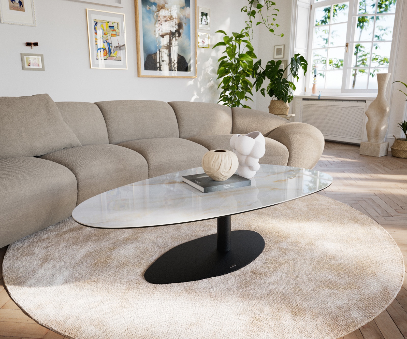 Couchtisch Edge Oval 140x75 cm Keramik Onyx Pearl Vibany Metall Schwarz