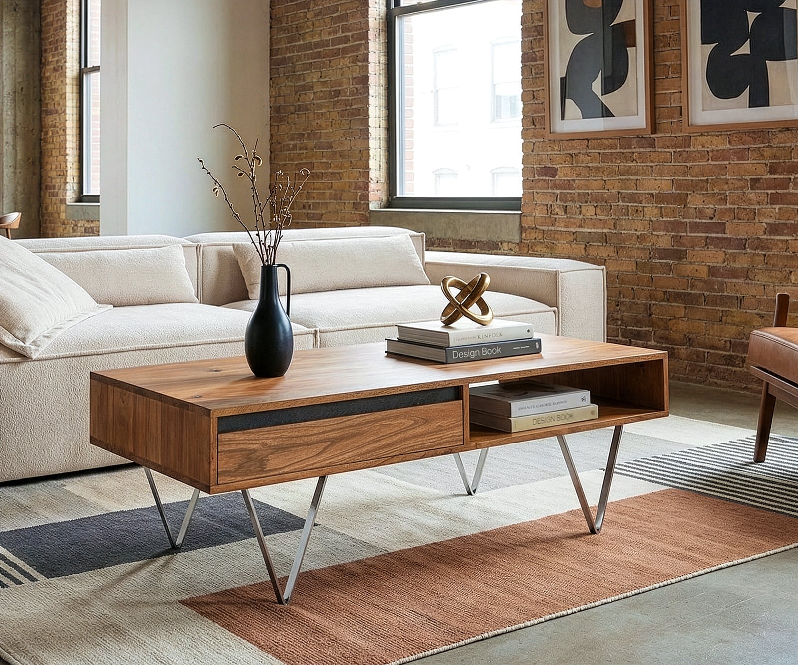 Couchtisch Stonegrace 115x60x35 cm Akazie Natur Schiefer 2 Schubladen 1 Fach