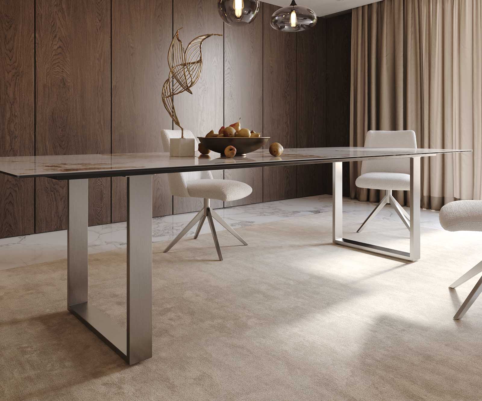 Esstisch Edge 300x100 Keramik Minas Melange Weiß-Beige Edelstahl Schmal 7