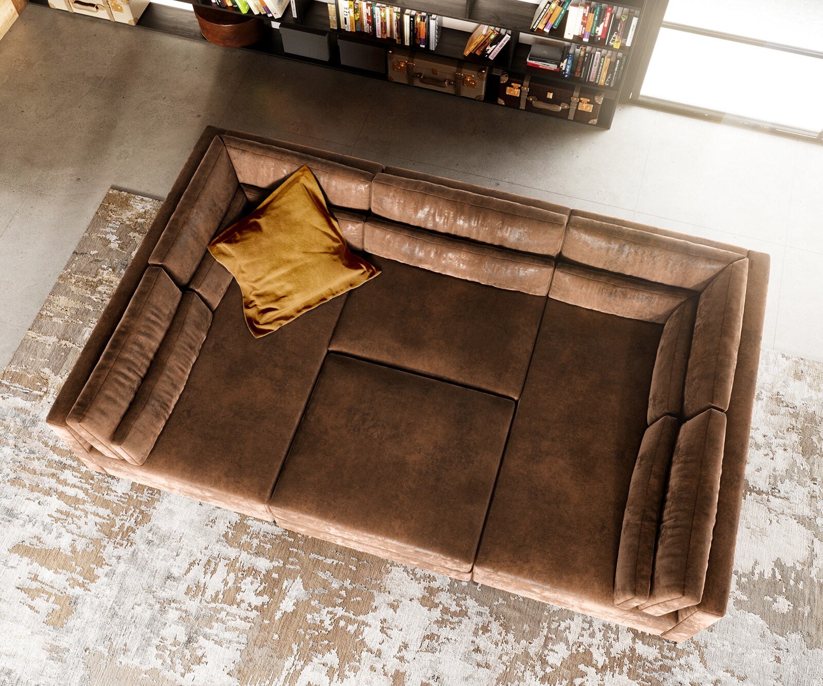 Wohnlandschaft Elio 300x185 cm Lederimitat Vintage Braun Antik mit Hocker 5