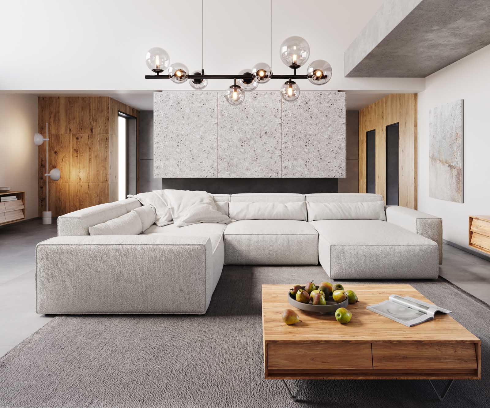 Wohnlandschaft Sirpio XL 360x260 cm Bouclé Creme-Weiß Recamiere variabel 1
