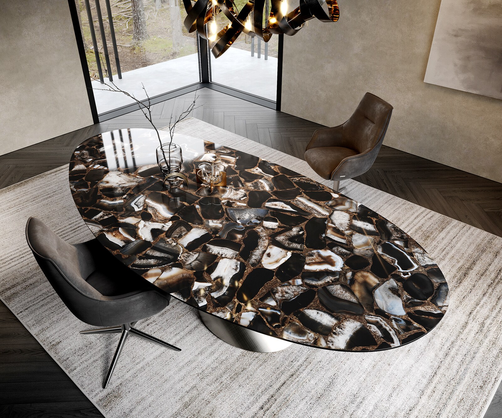 Esstisch Edge Oval 280x130 Keramik Iris FMG Agatablack Cono Metallic Silber 2