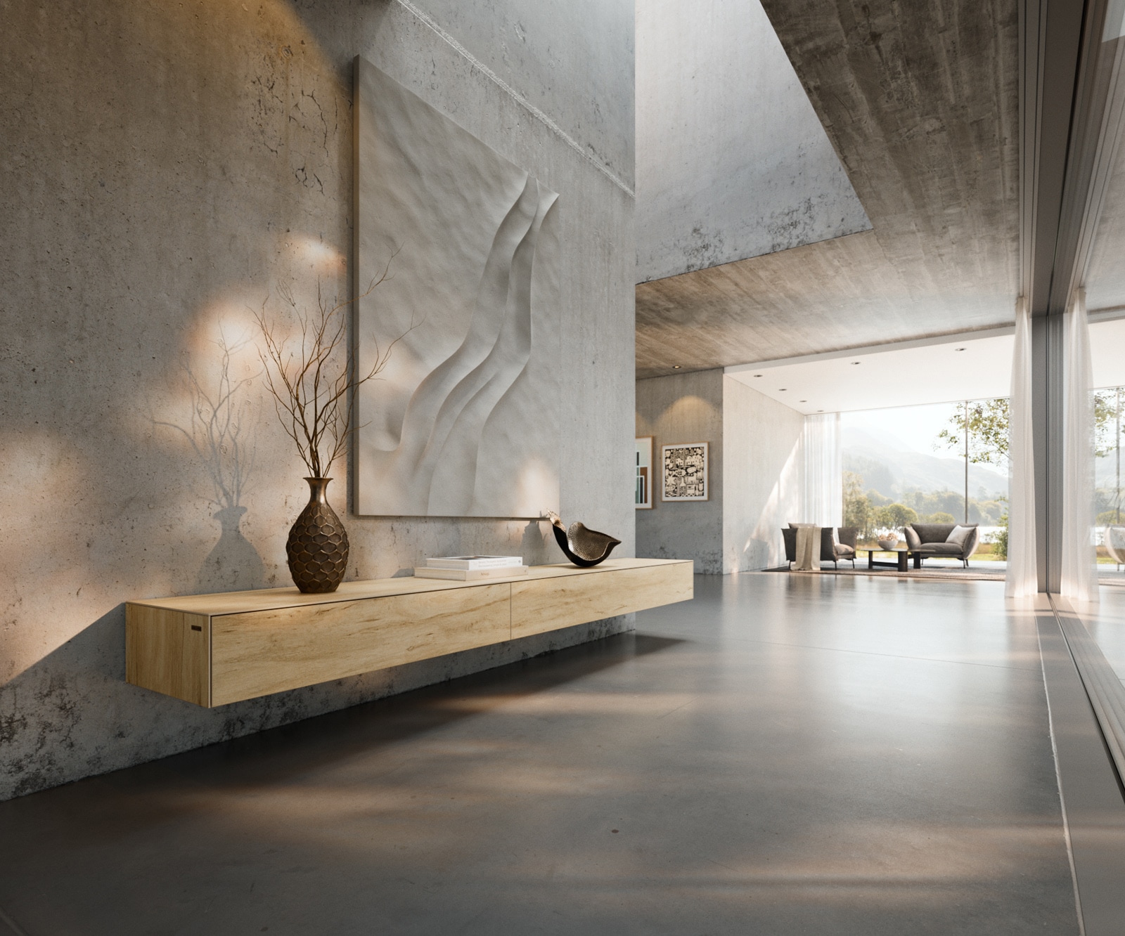 Lowboard Cuor 250 cm Keramik Laminam® Sabbia Eichefarbig 1 Klappe 1 Schubfach Schwebend
