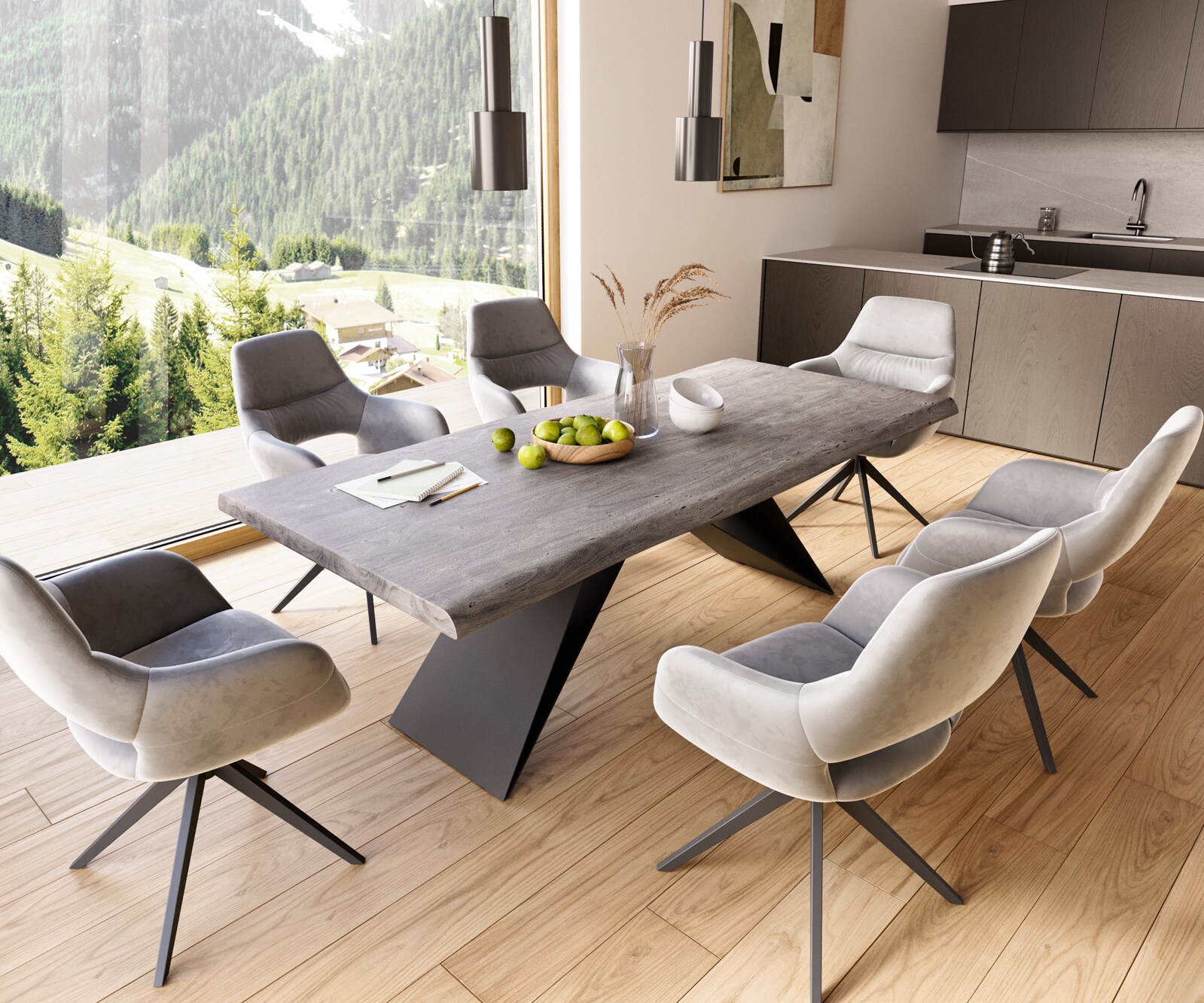 Esstisch Edge 220x100 XL Akazie Platin V-Gestell Flachstahl Schwarz Live-Edge 7