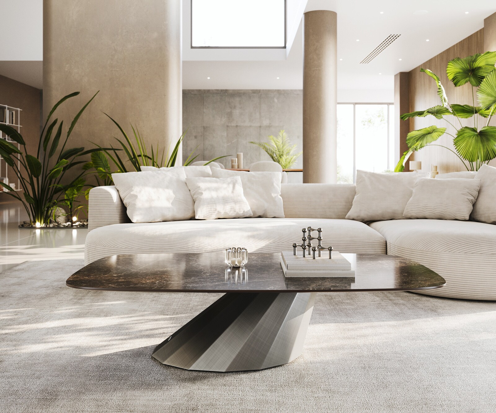 Couchtisch Edge Boot 140x80 cm Keramik Emperador Extra Lucidato Dunkelbraun Parabi Metallic Silber 2