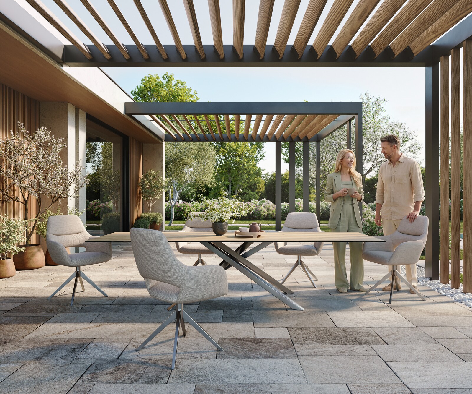 Outdoortisch Edge 300x100 cm Keramik Laminam® Sabbia Eichefarbig Kreuzgestell Rechteck Edelstahl 1