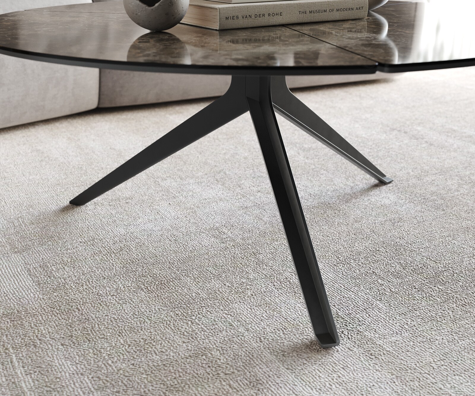 Couchtisch Delron 90x90 cm Keramik Emperador Extra Lucidato Dunkelbraun Kreuzfuß Flach Metall Schwarz 5