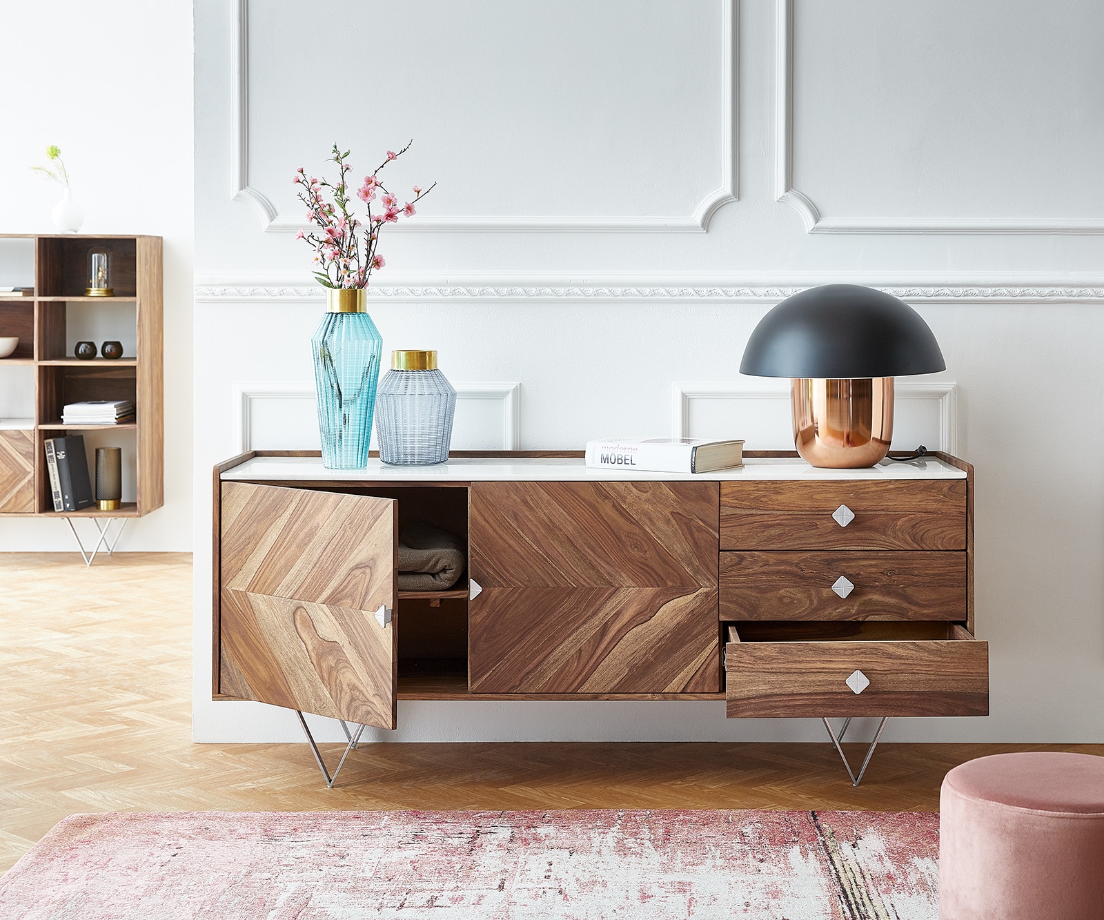 Sideboard Pacino 175 cm Sheesham Natur Steinplatte Weiß 3 Sideboard Pacino 175 cm Sheesham Natur Steinplatte Weiß 3