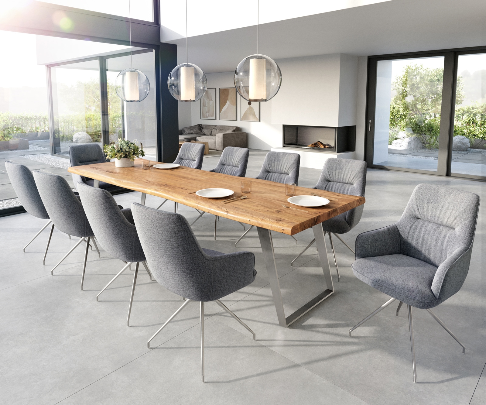 Esszimmerstuhl Zelia-Flex mit Armlehnen Strukturstoff Hellgrau Kreuzgestell konisch Edelstahl Taschenfederkern 4