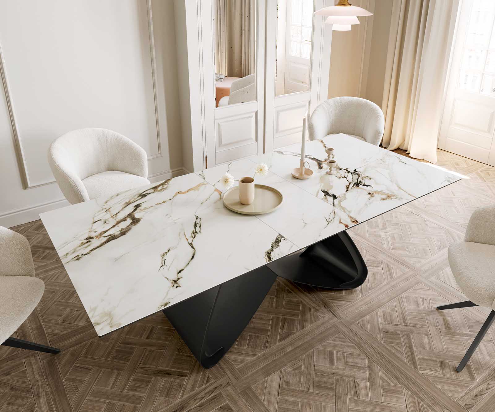 Esstisch Edge 180-220x100 Keramik Calacatta Luxe Weiß-Gold-Grau W-Gestell Schwarz ausziehbar 6 Esstisch Edge 180-220x100 Keramik Calacatta Luxe Weiß-Gold-Grau W-Gestell Schwarz ausziehbar 6