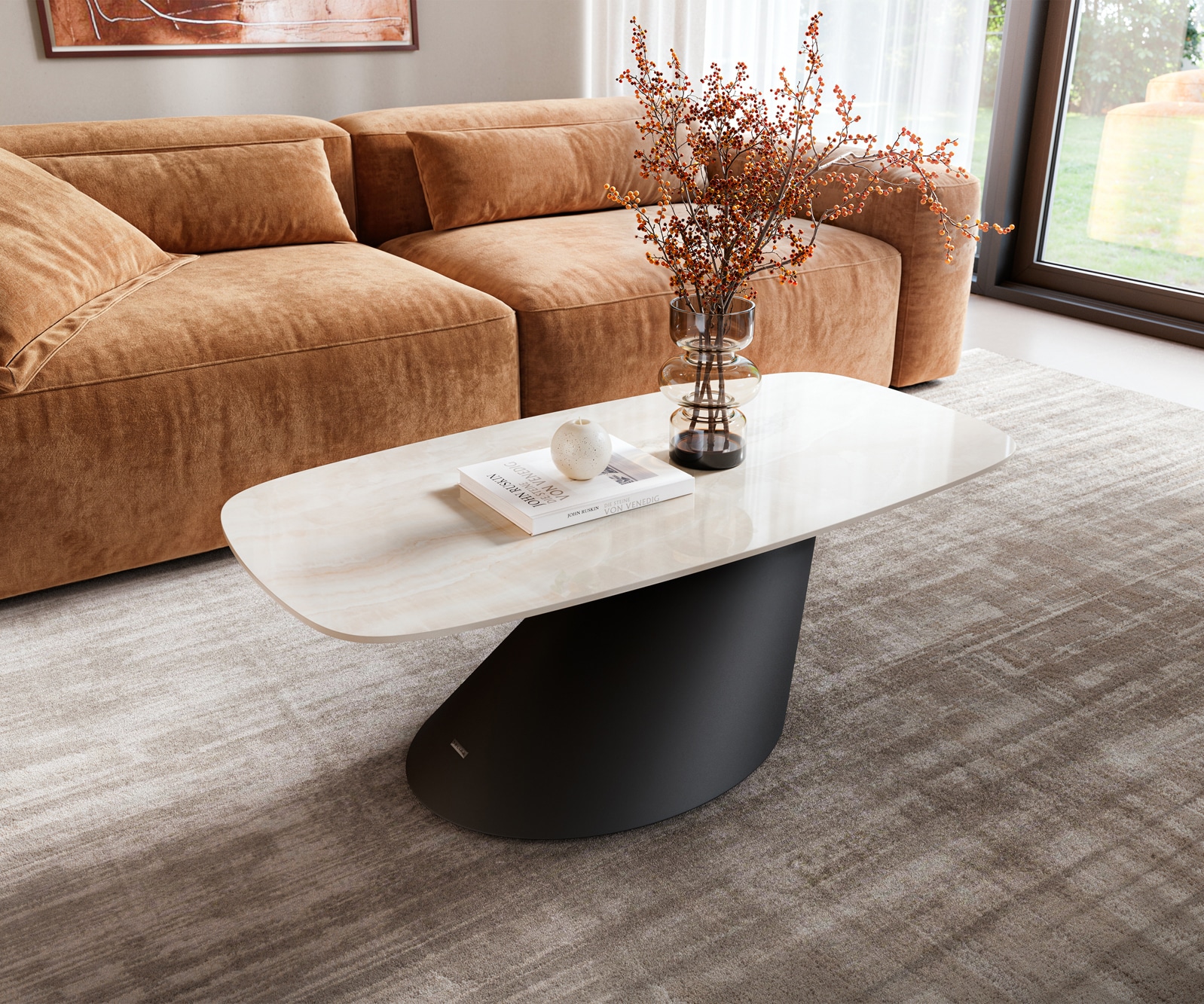 Couchtisch Edge Boot 100x50 cm Keramik Onyx Champagne Conis Metall Schwarz