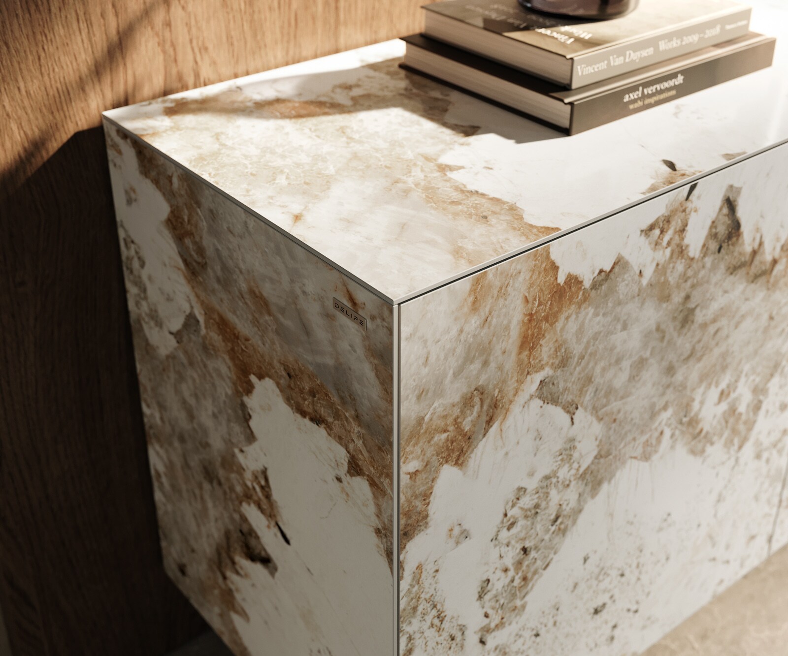 Sideboard Cuor 180 cm Keramik Minas Melange Weiß-Beige 2 Türen 3 Schubfächer Fuß Schwebeoptik Metall Schwarz 6