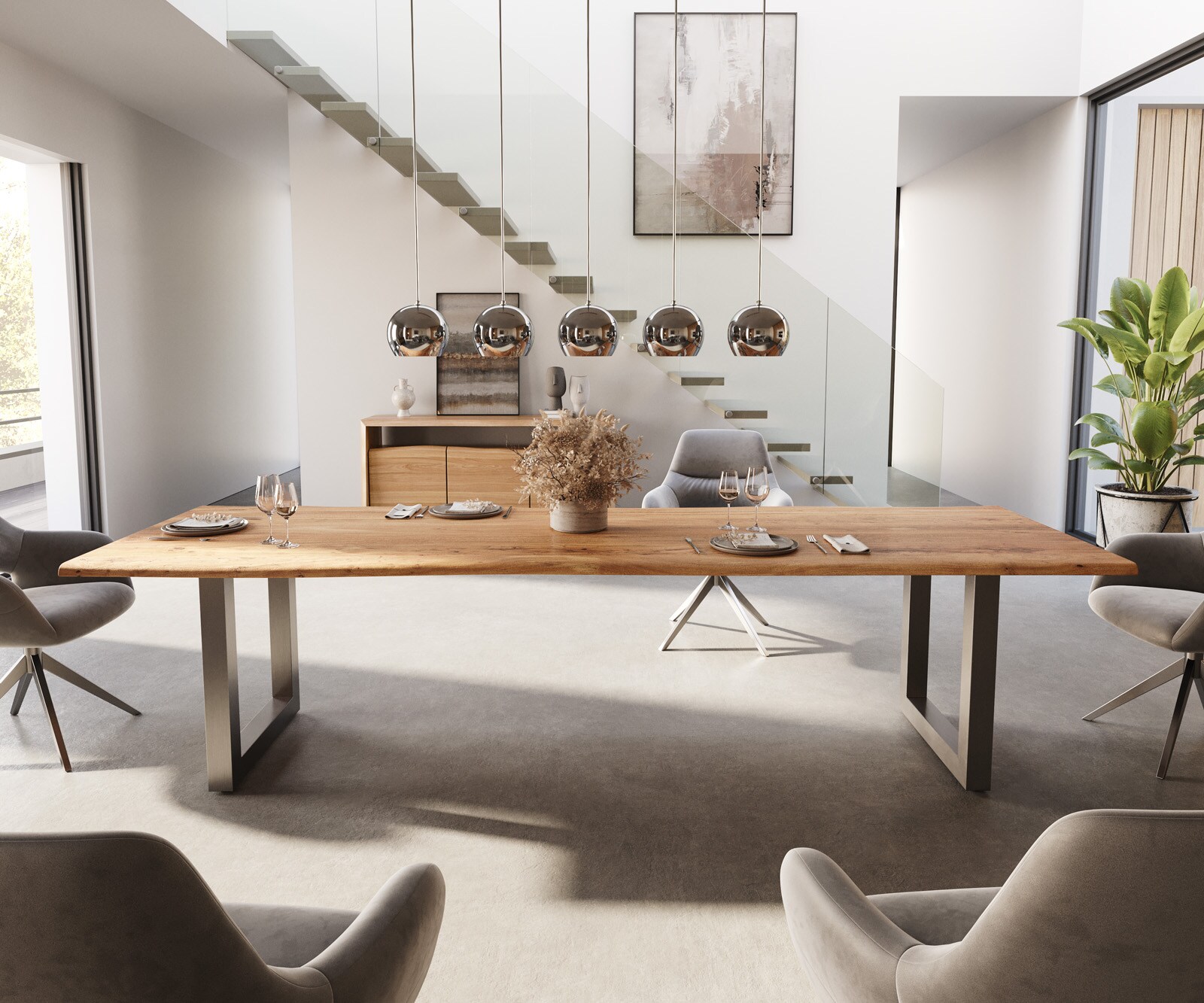 Esstisch Edge 300x100 Akazie Natur Edelstahl Breit Live-Edge 1
