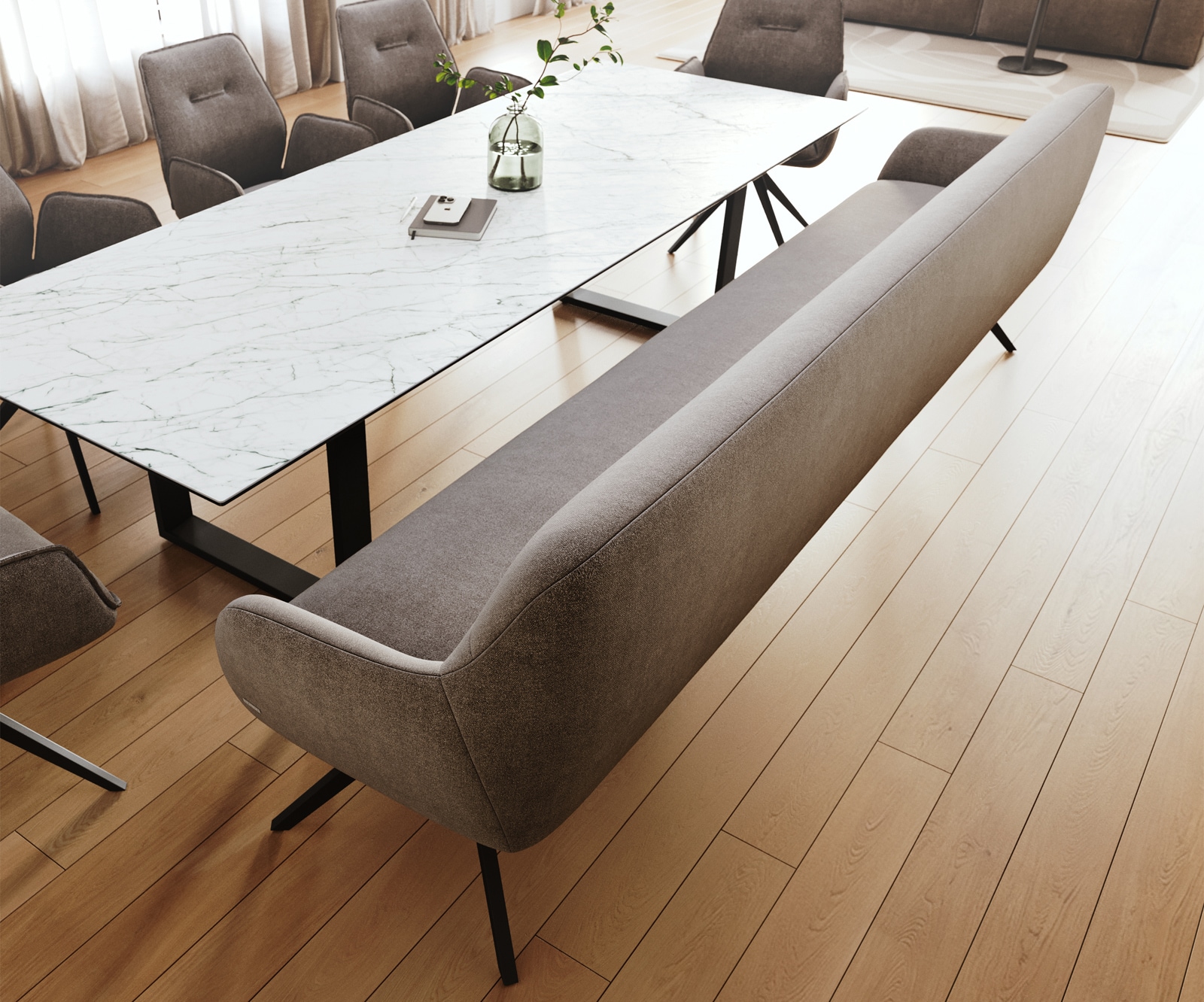 Esszimmerbank Taya-Flex 300 cm Strukturstoff Soft Taupe Kreuzgestell kantig Schwarz Taschenfederkern 3