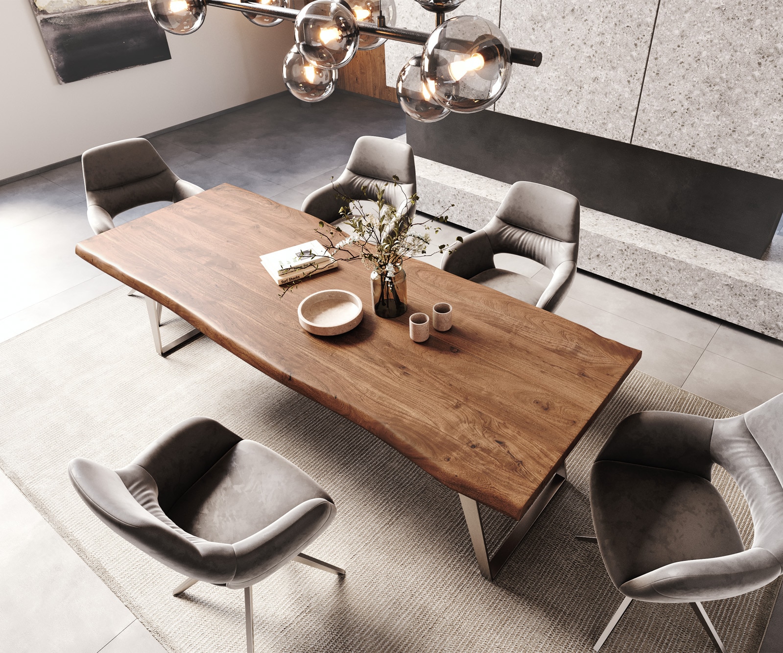 Esstisch Edge 260x100cm XL Akazie Braun Edelstahl Silber schräg Live-Edge 4