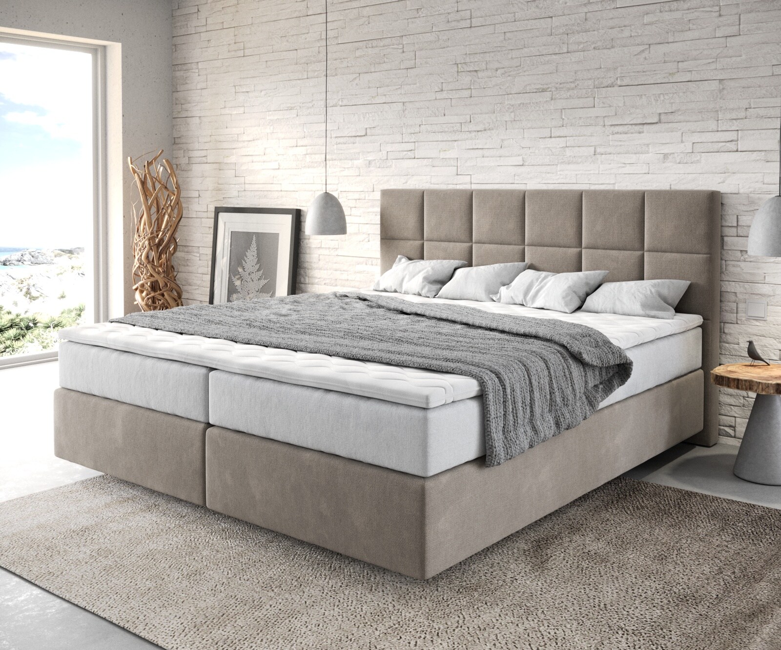 Boxspringbett Dream-Fine 180x200 cm Mikrofaser Beige mit TFK Matratze und Visco Topper