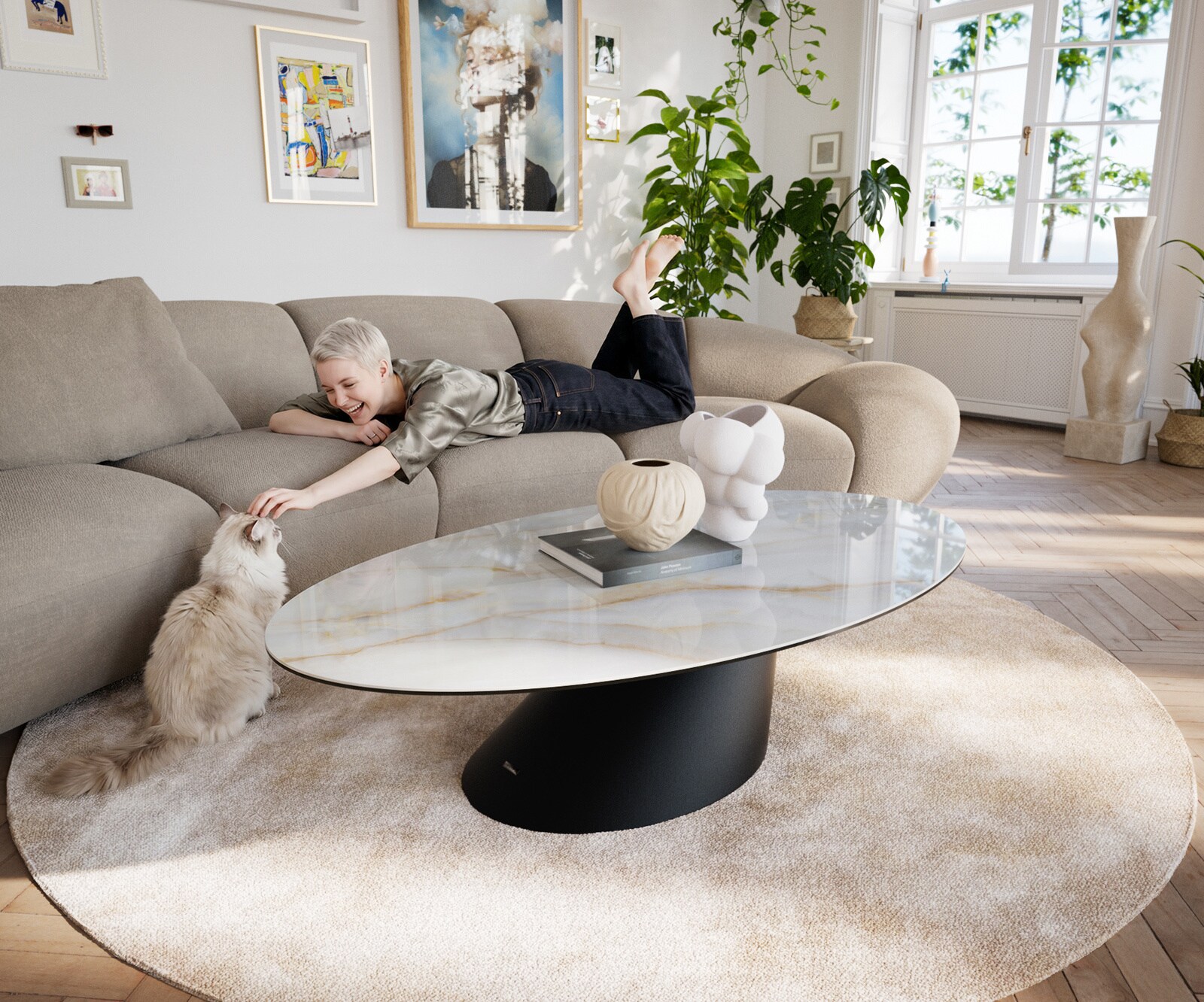 Couchtisch Edge Oval 140x80 cm Keramik Onyx Pearl Conis Metall Schwarz 1