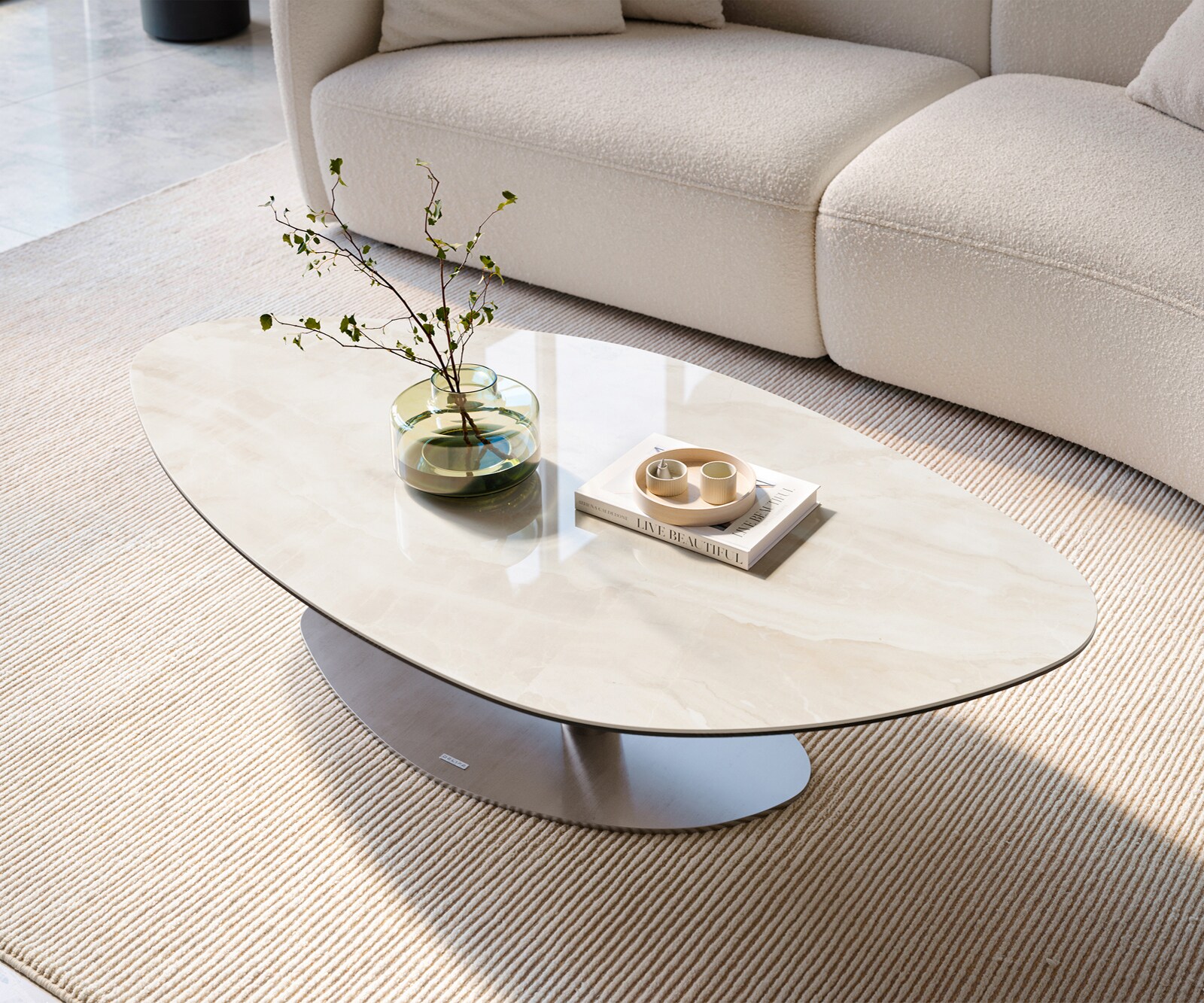 Couchtisch Edge Organisch 140x76 cm Keramik Onyx Champagne Vibany Edelstahl gebürstet 1