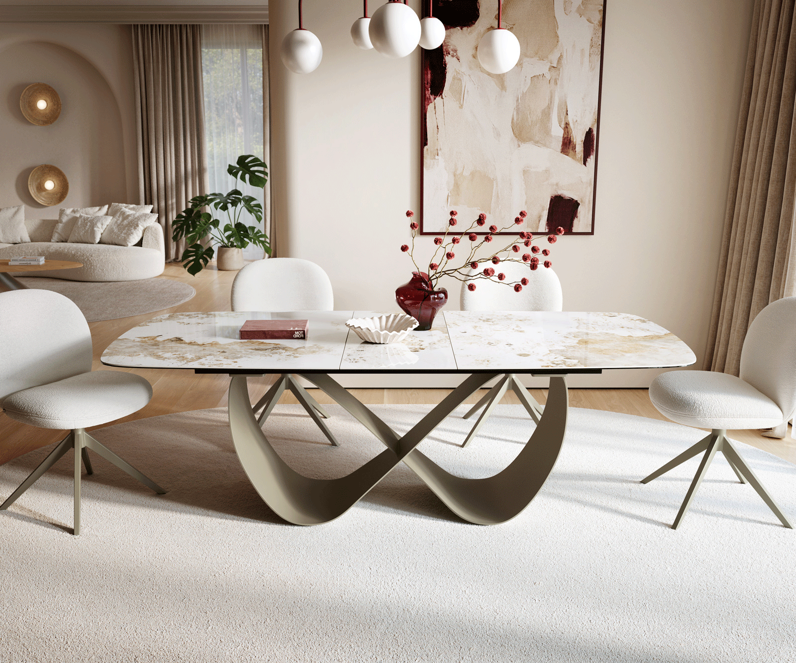 Esstisch Edge Boot 180-220x100 Keramik Minas Melange Weiß-Beige Infinity Metall Effektfinish Titan ausziehbar 1