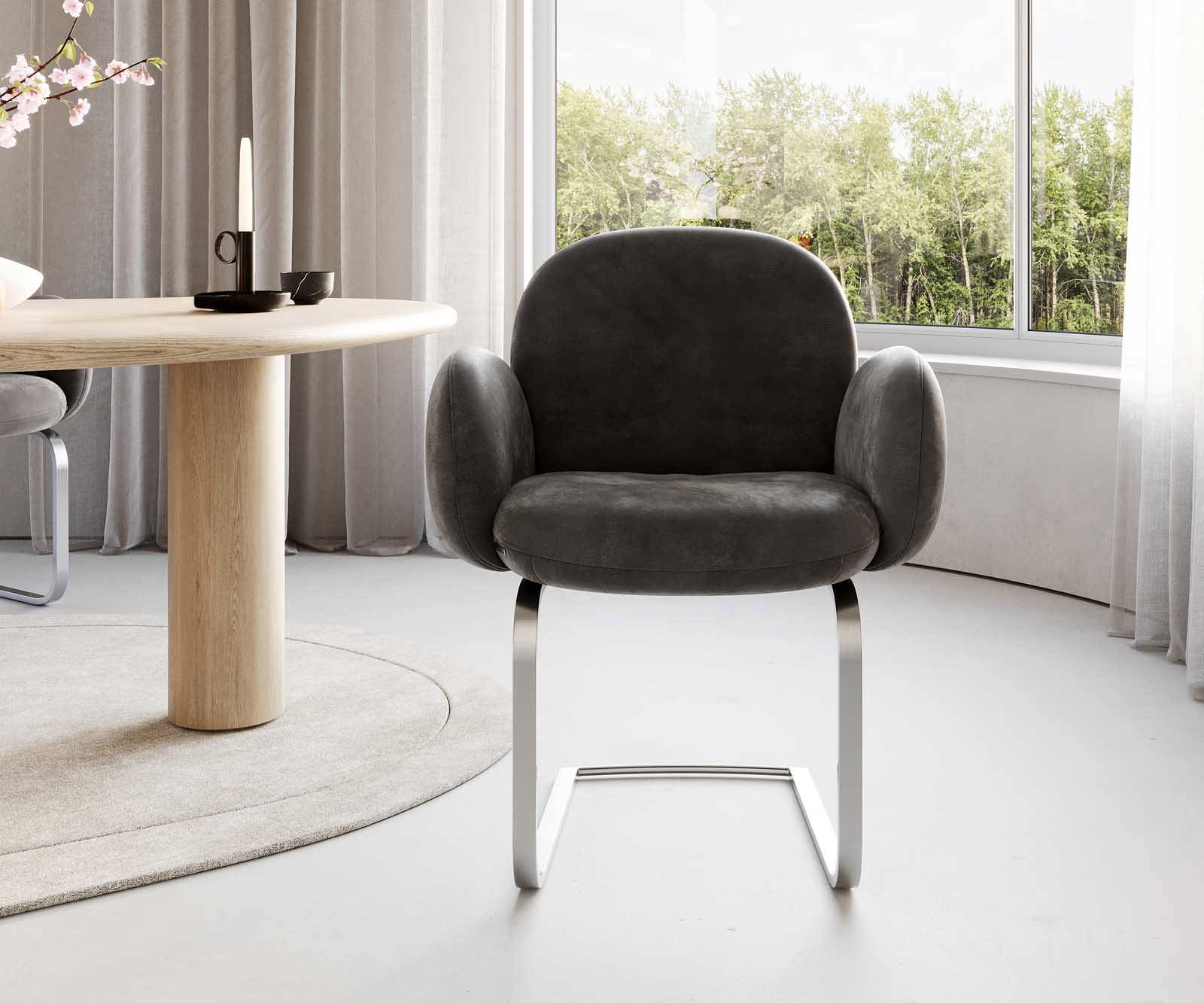 Freischwinger Nube-Flex mit Armlehnen Mikrofaser Anthrazit Vintage Freischwinger flach Edelstahl Taschenfederkern 2