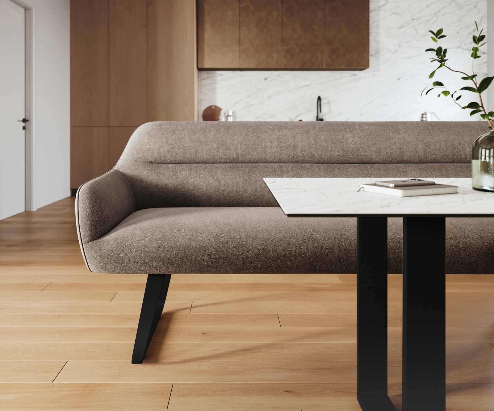 Esszimmerbank Taya-Flex 300 cm Strukturstoff Soft Taupe Kufengestell flach Schwarz Taschenfederkern 1