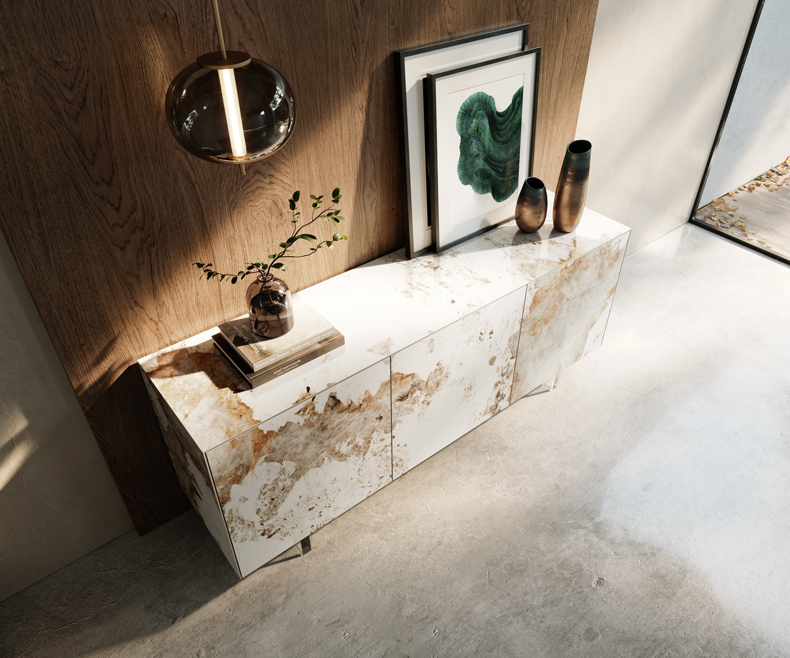 Sideboard Cuor 180 cm Keramik Minas Melange Weiß-Beige 2 Türen 3 Schubfächer Fuß Schwebeoptik Acrylglas 4