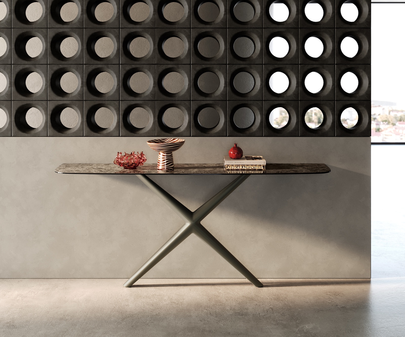 Konsolentisch Edge Boot 180x40 cm Keramik Emperador Extra Lucidato Dunkelbraun Estelo Metall Effektfinish Titan