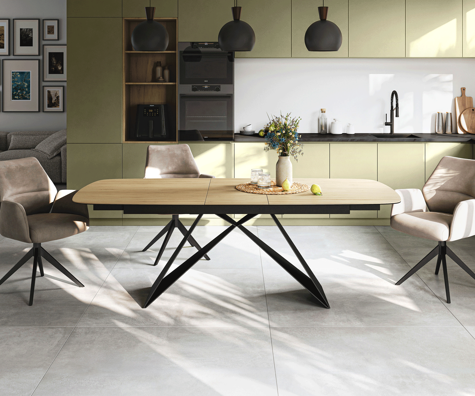 Esstisch Edge Boot 180-220x100 cm Keramik Laminam® Sabbia Eichefarbig V-Gestell Flachstahl Schwarz ausziehbar 2