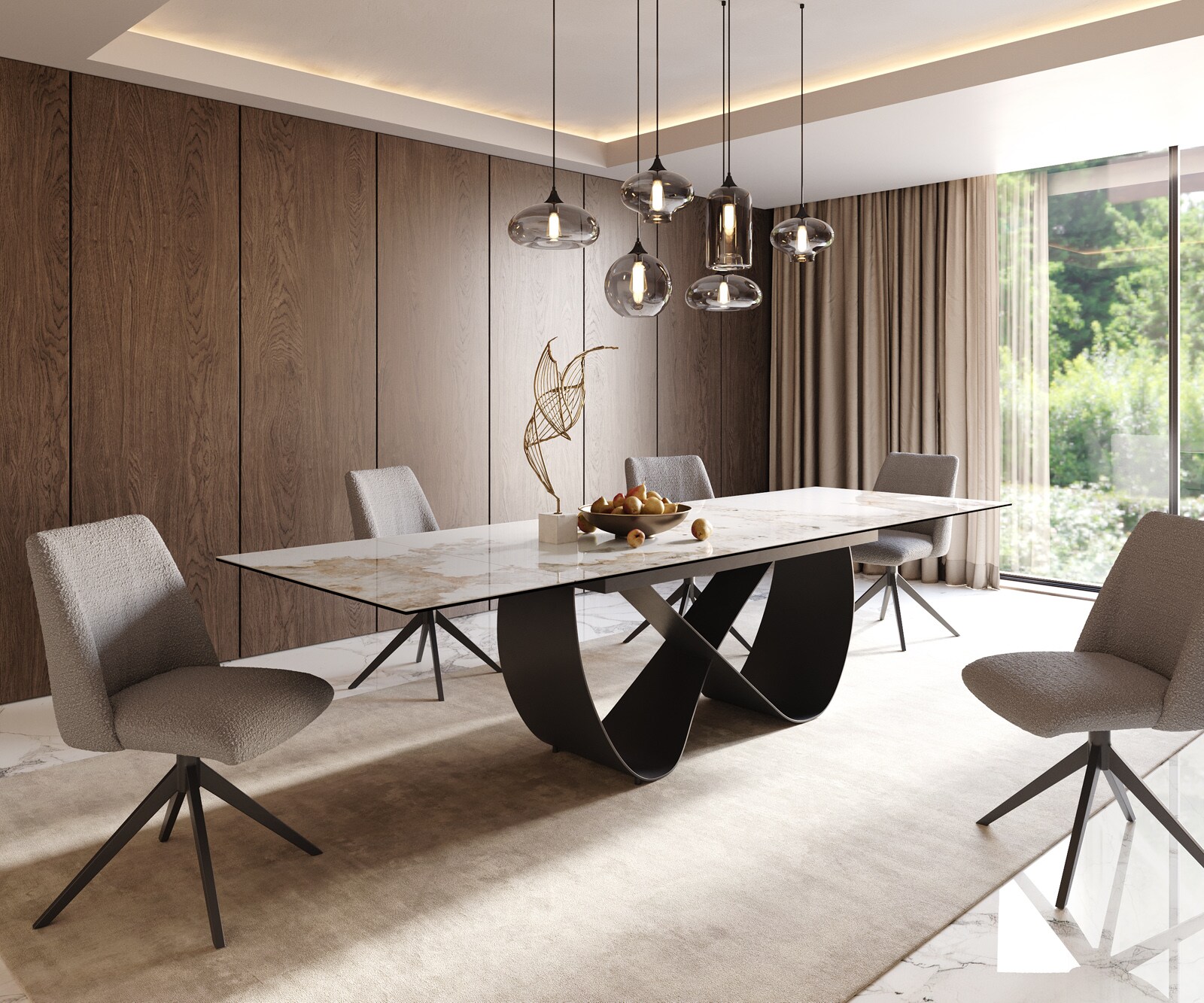 Esstisch Edge 200-300x100 cm Keramik Minas Melange Weiß-Beige Infinity Metall Schwarz ausziehbar 5