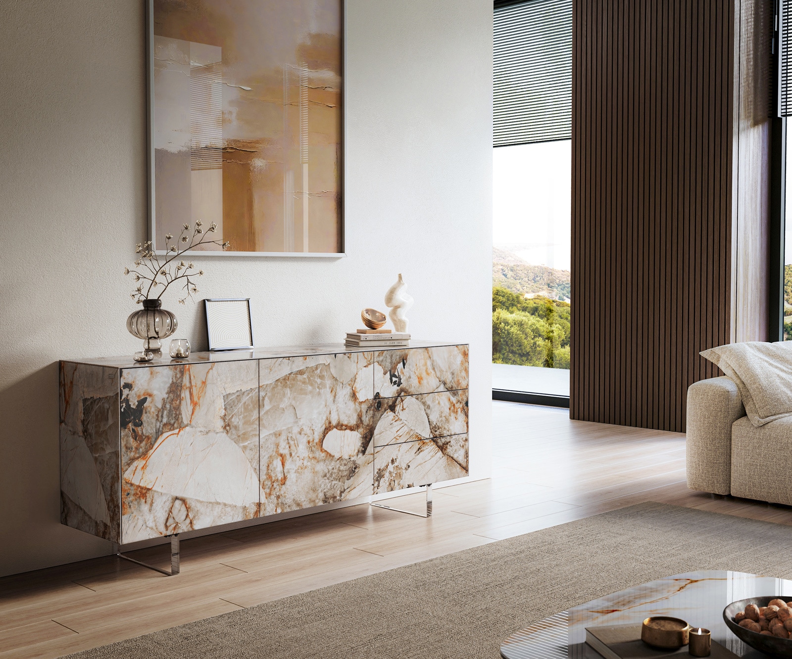 Sideboard Cuor 180 cm Keramik Patagonia Poliert 2 Türen 3 Schubfächer Fuß Schwebeoptik Acrylglas 1