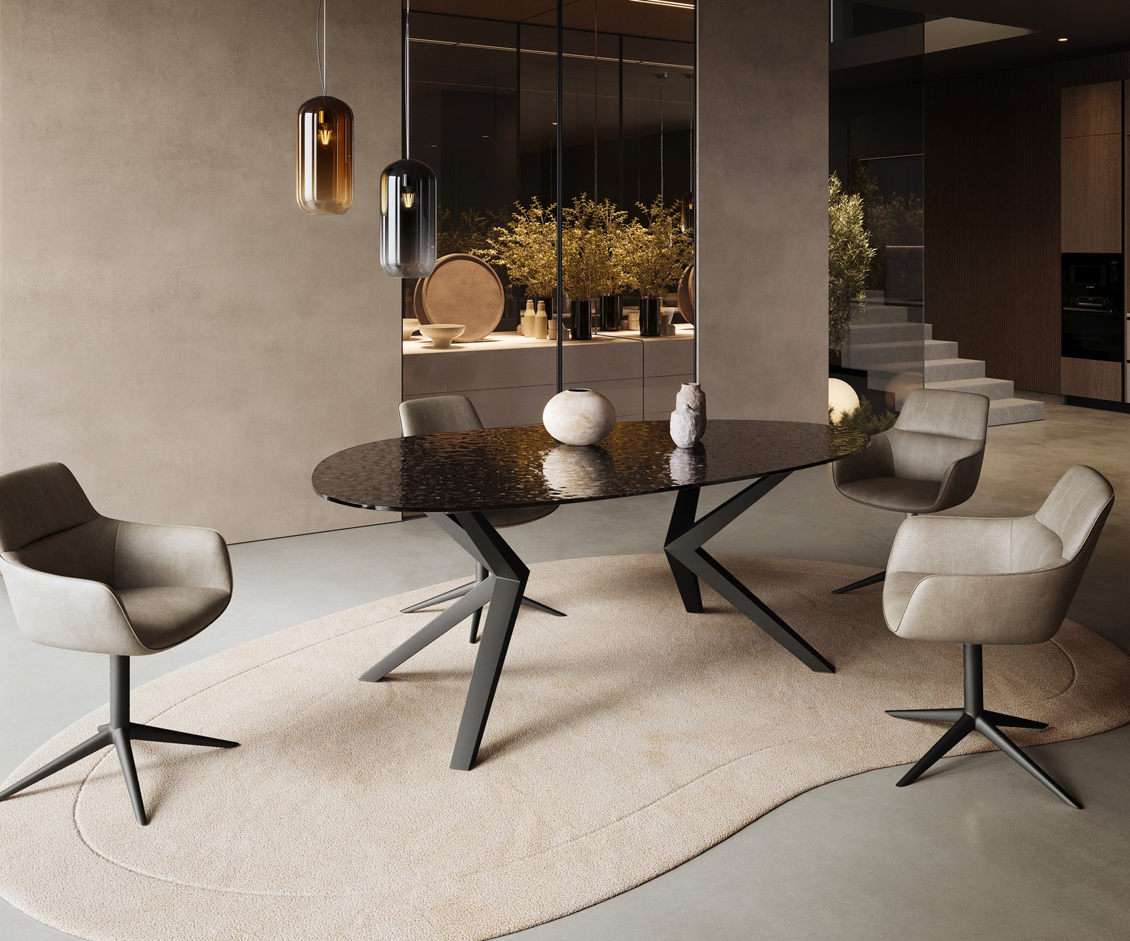 Esstisch Edge Oval 220x120 Reliefglas Rauchschwarz 3D-Design Zenthara kantig Metall Schwarz 5