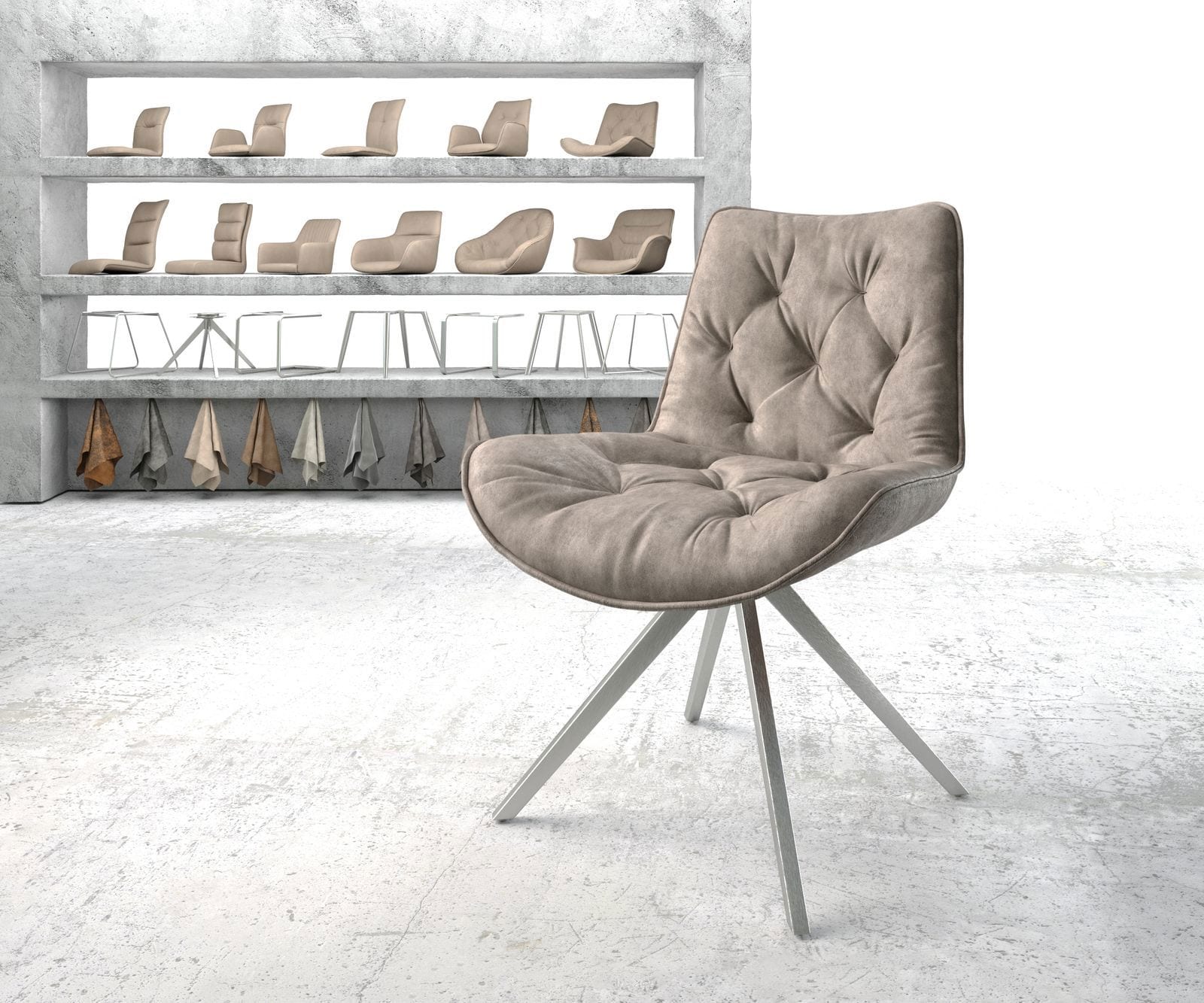 Esszimmerstuhl Taimi-Flex Mikrofaser Taupe Vintage Kreuzgestell kantig Edelstahl