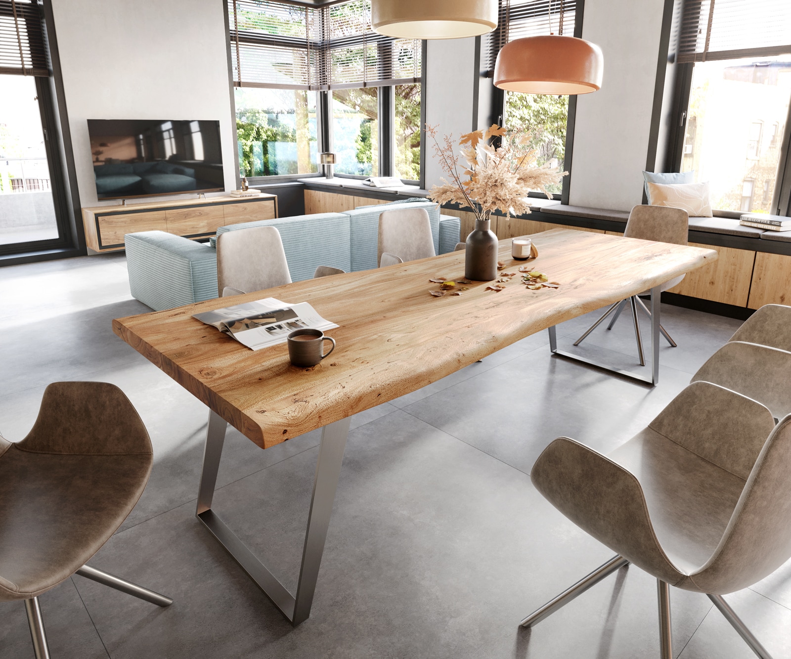 Esstisch Edge 260x100cm XL Akazie Natur Edelstahl Silber schräg Live-Edge