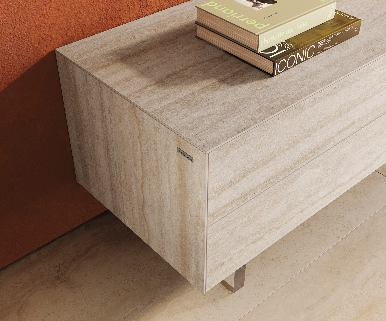 Lowboard Cuor 180 cm Keramik Laminam® Travertino Bianco Creme-Weiß 1 Klappe 2 Schubfächer Fuß Schwebeoptik Acrylglas 5