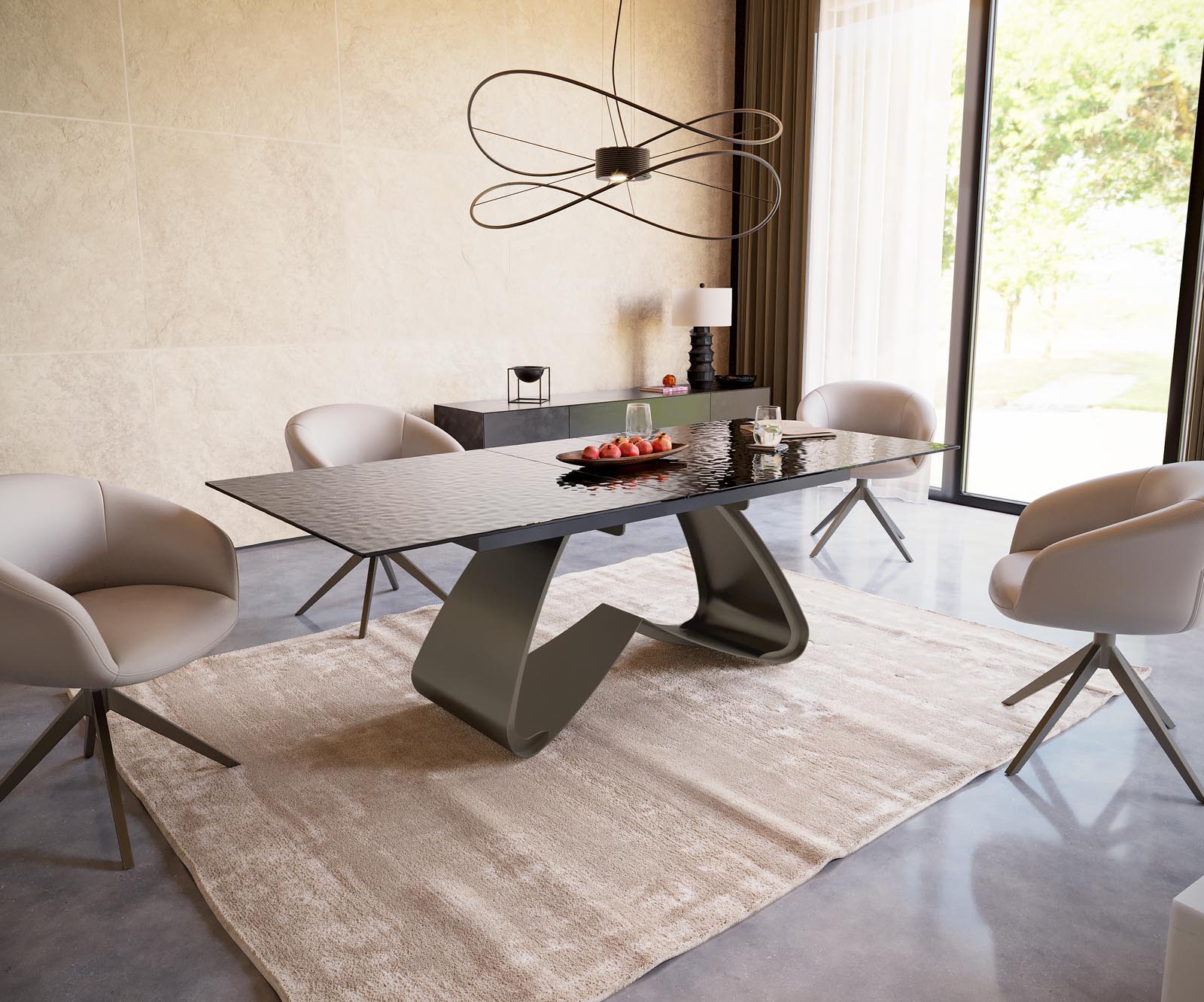 Esstisch Edge 180-220x100 Reliefglas Rauchschwarz 3D-Design W-Gestell Effektfinish Titan ausziehbar 5 Esstisch Edge 180-220x100 Reliefglas Rauchschwarz 3D-Design W-Gestell Effektfinish Titan ausziehbar 5