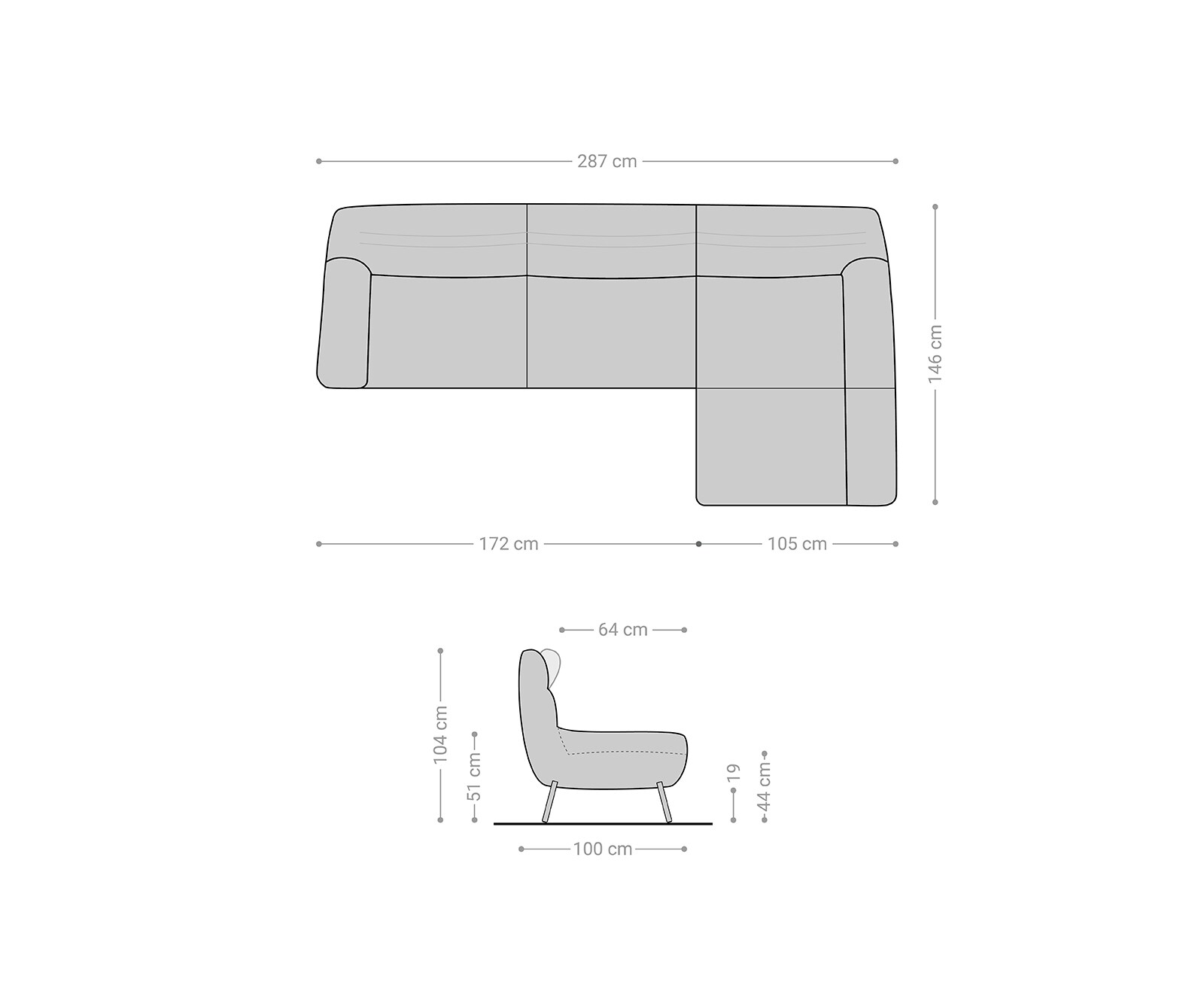 Ecksofa Shape High 305x160 Schwarz Longchair rechts by ES brand 6