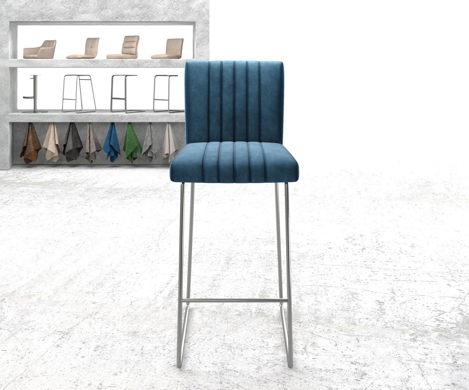 Barstuhl Luiga-Flex Samt Blau Kufengestell Edelstahl 1 Barstuhl Luiga-Flex Samt Blau Kufengestell Edelstahl 1