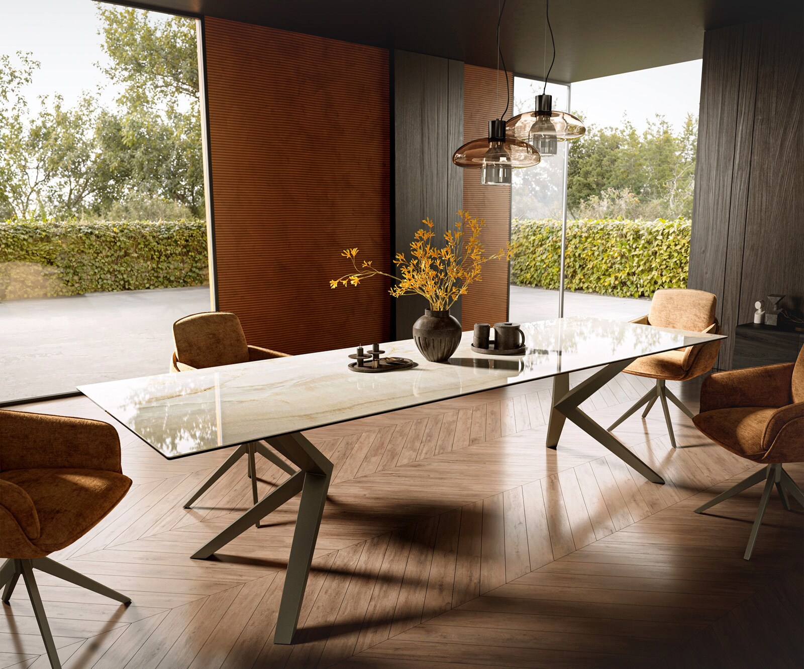 Esstisch Edge 300x100 Keramik Laminam® Onice Oro ?Zenthara kantig Metall Ef günstig online kaufen