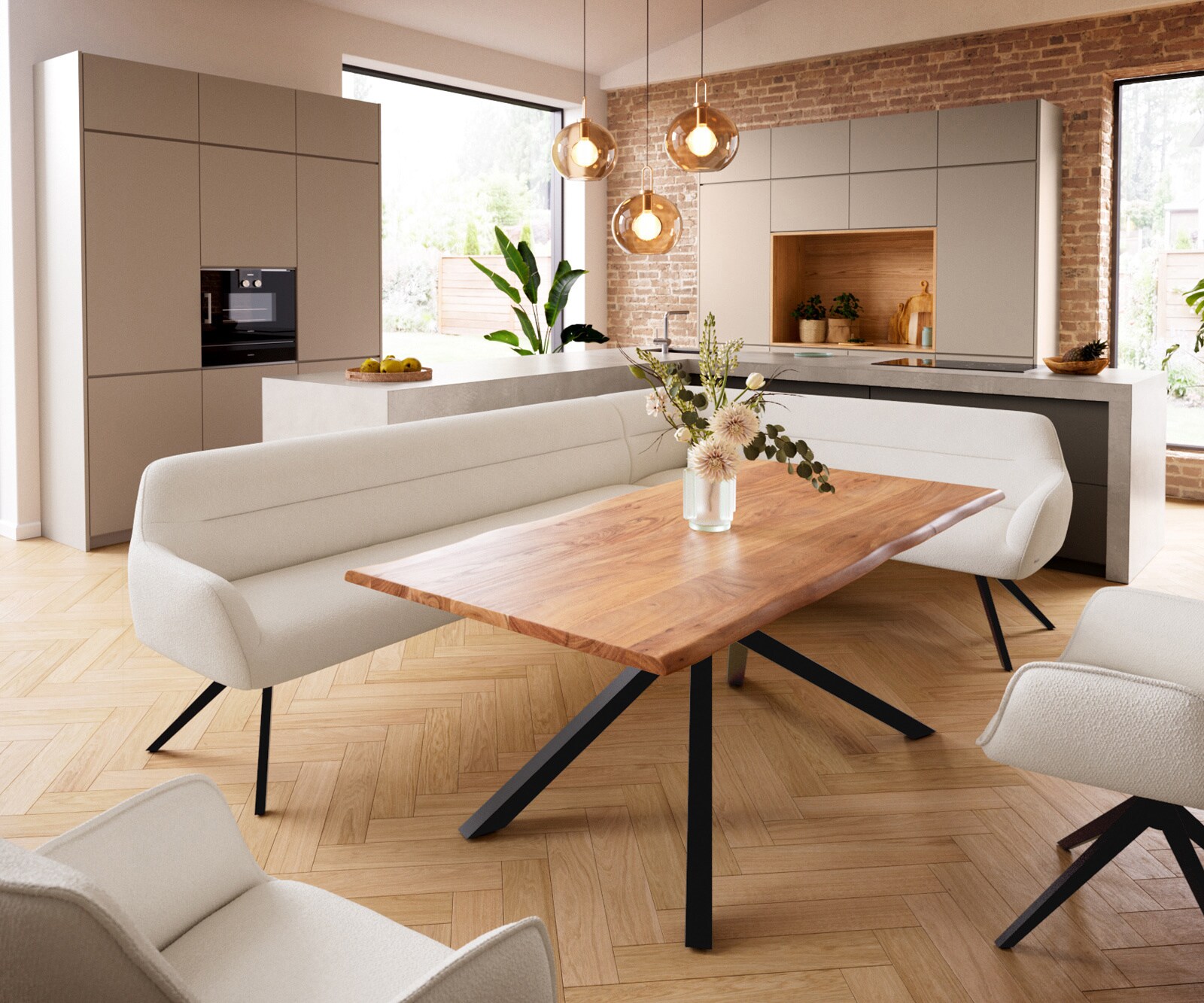 Esszimmerbank Taya-Flex 285x190 cm Bouclé Creme-Weiß Kreuzgestell kantig Schwarz Taschenfederkern Links