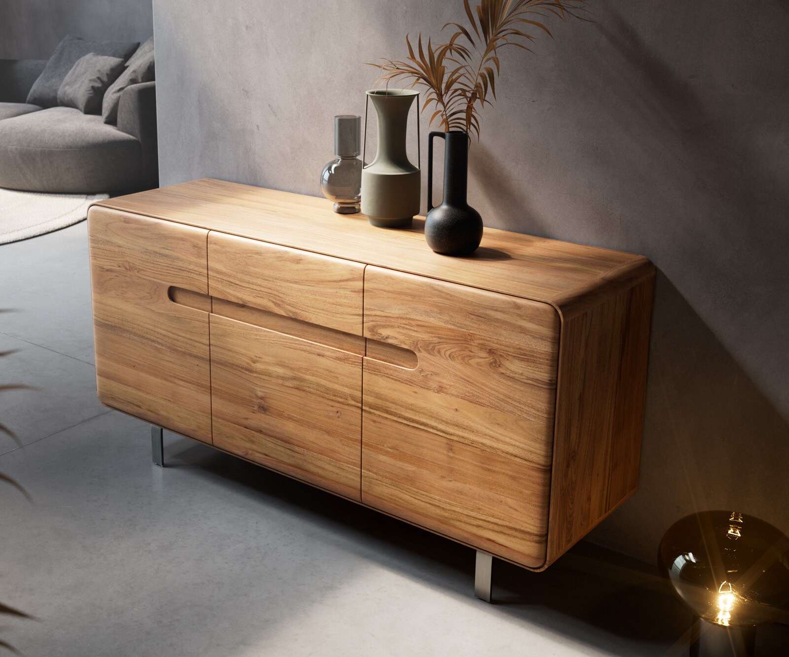 Sideboard Anaya 145 cm Akazie Natur 3 Türen L-Fuß Edelstahl 3