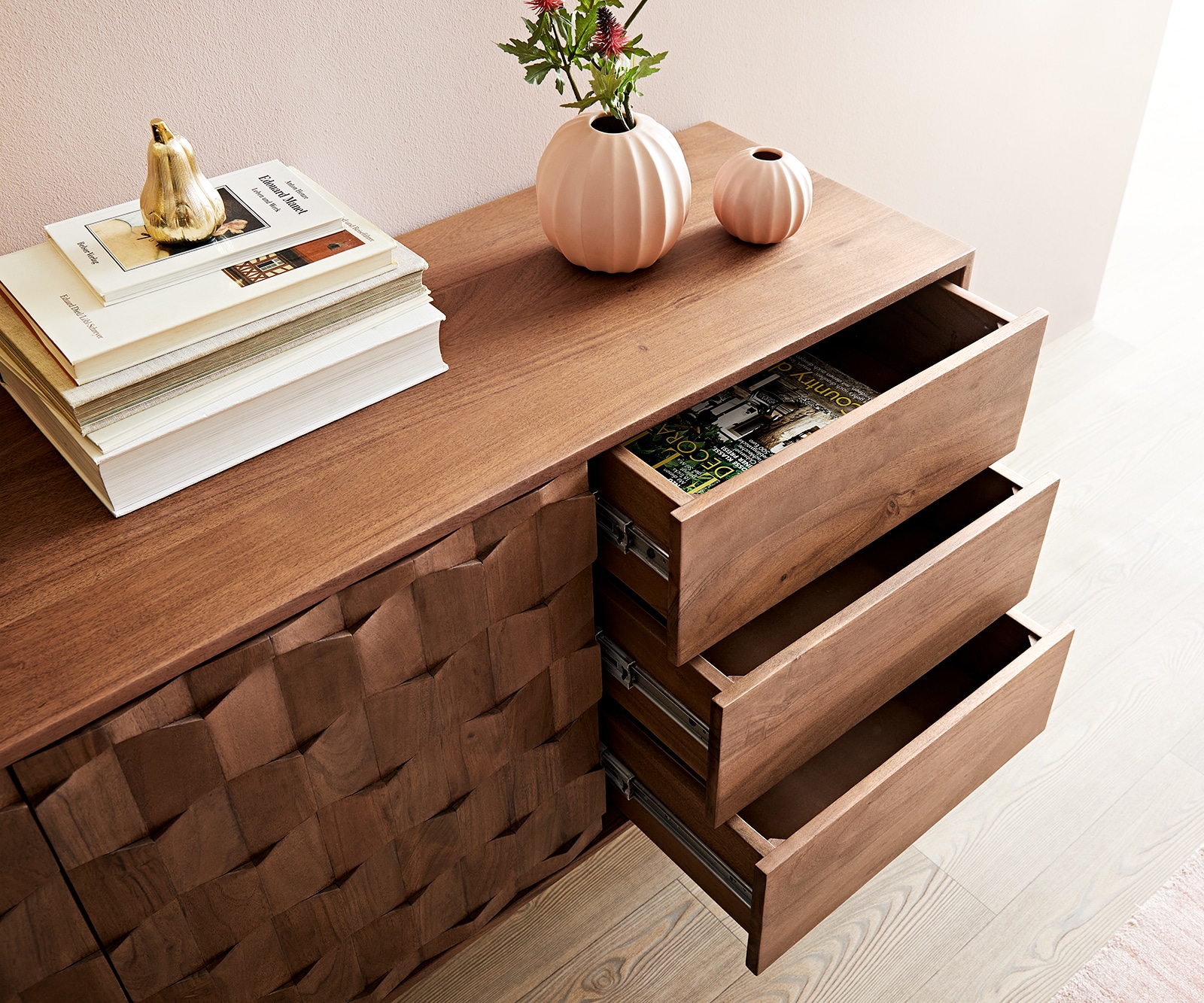 Sideboard Fevo 145 cm Akazie Braun 2 Türen 3 Schubfächer L-Fuß 4 Sideboard Fevo 145 cm Akazie Braun 2 Türen 3 Schubfächer L-Fuß 4