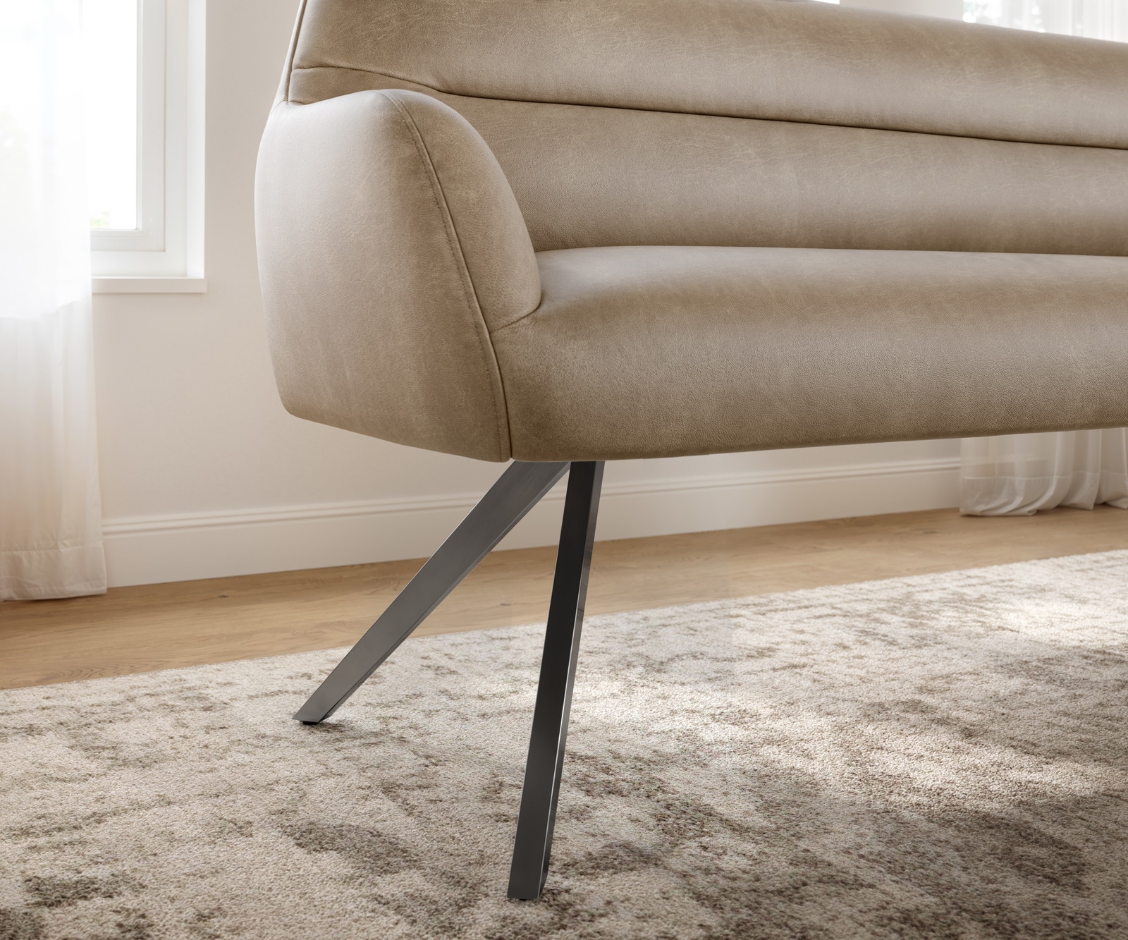 Esszimmerbank Taya-Flex 200 cm Mikrofaser Beige Vintage Kreuzgestell kantig Graphit Taschenfederkern 4