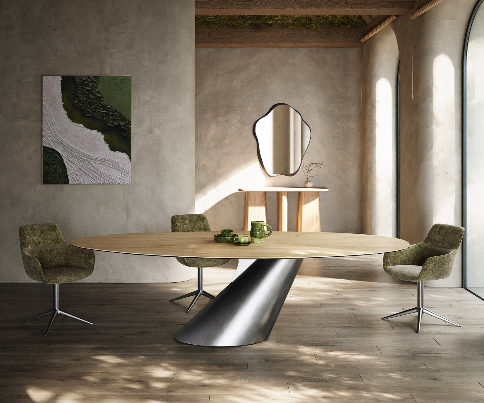 Esstisch Edge Oval 280x130 Keramik Laminam® Sabbia Eichefarbig Cono Metallic Silber