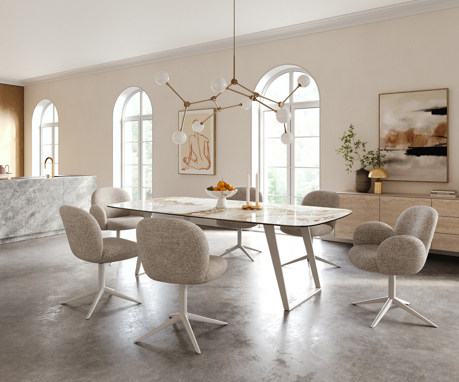 Esstisch Edge Boot 240x120 cm Keramik Minas Melange Weiß-Beige Metall Schräg Weiß 6