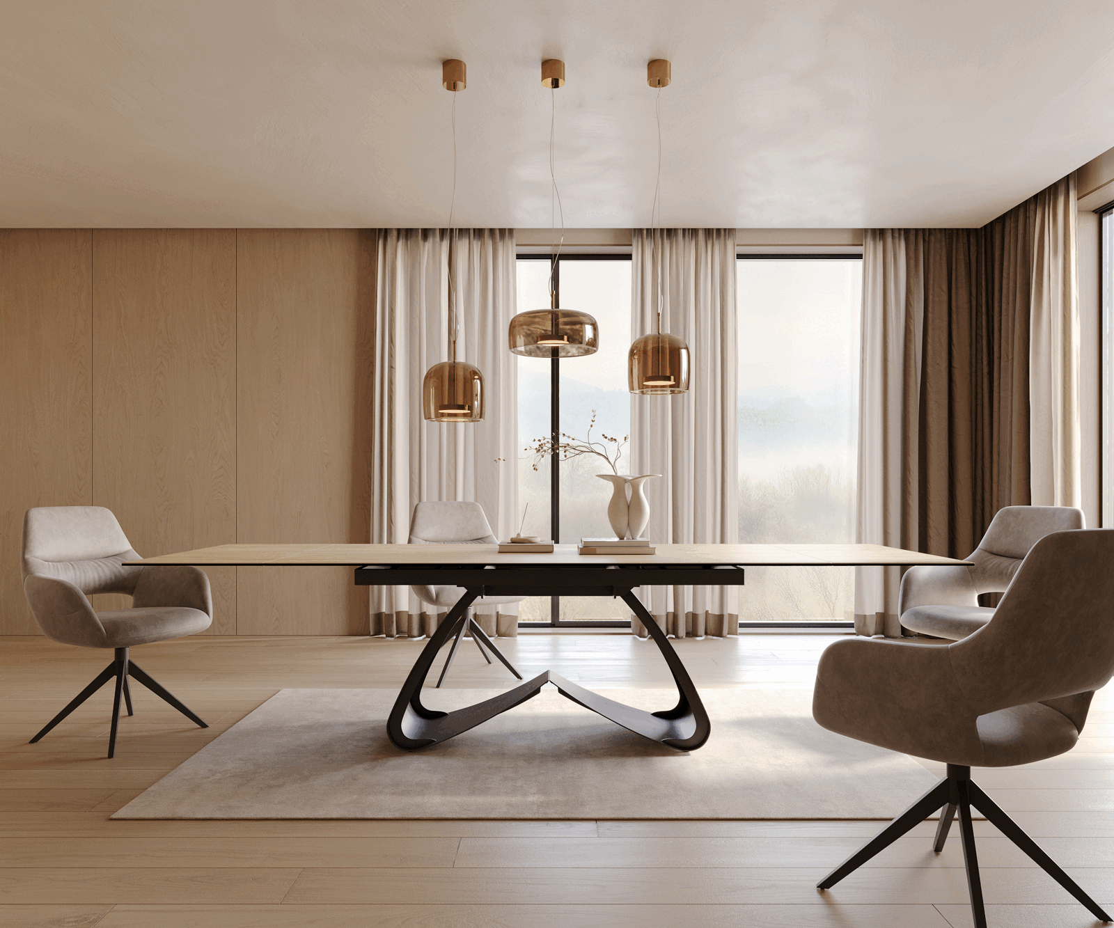 Esstisch Edge 200-300x100 Keramik Laminam® Sabbia Eichefarbig W-Gestell Schwarz ausziehbar 1