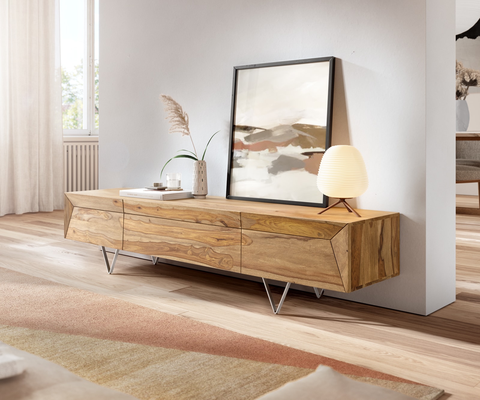 Designer-Lowboard Wyatt 175 cm Sheesham Natur 2 Türen 1 Klappe Designer-Lowboard Wyatt 175 cm Sheesham Natur 2 Türen 1 Klappe