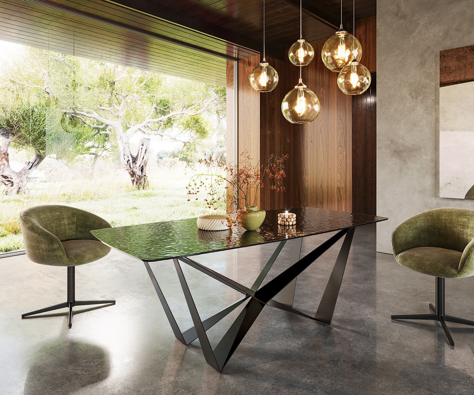 Esstisch Edge Boot 200x100 Reliefglas Rauchschwarz 3D-Design Spider Flachstahl Schwarz 4