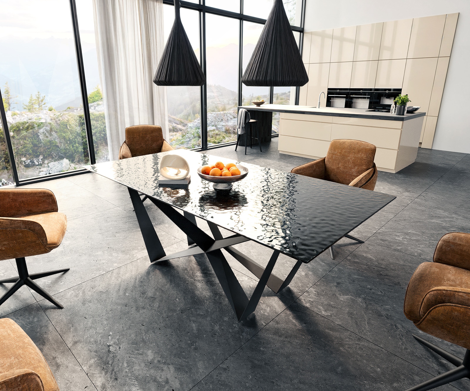 Esstisch Edge 200x100 Reliefglas Rauchschwarz 3D-Design Spider Flachstahl Schwarz Esstisch Edge 200x100 Reliefglas Rauchschwarz 3D-Design Spider Flachstahl Schwarz
